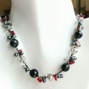 Grey Freshwater Pearl, Onyx, Crystal coral Necklace 🆕